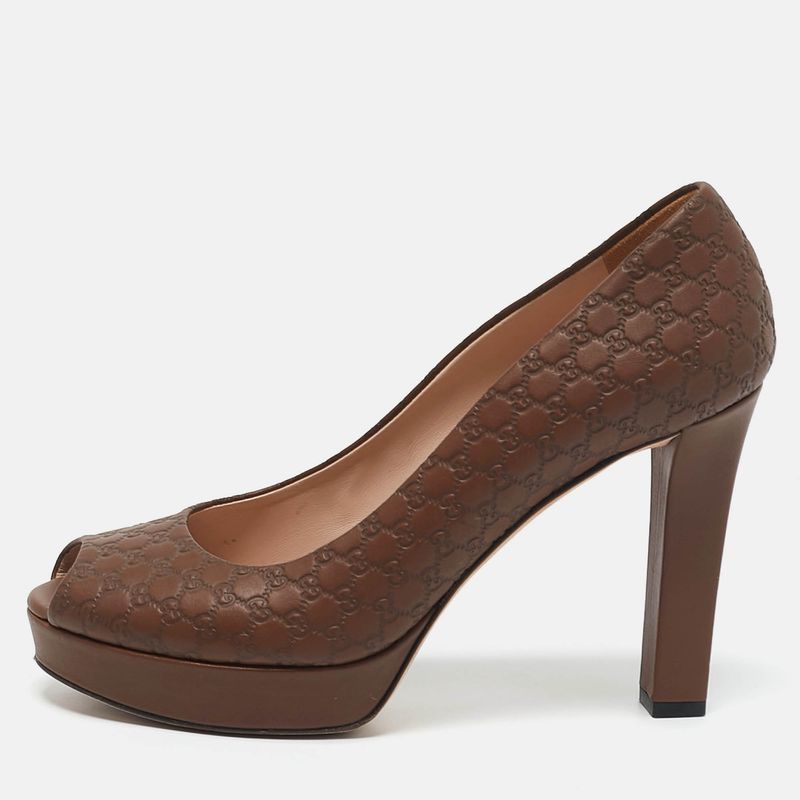 Gucci Brown Microguccissima Leather Peep Toe Platform Pumps Size 39